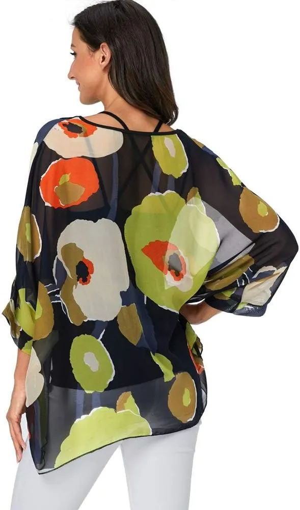 Ckikiou Plus Size Floral Chiffon Tunics Blouses for Women Batwing Summer Boho Shirts Beach Cover ups