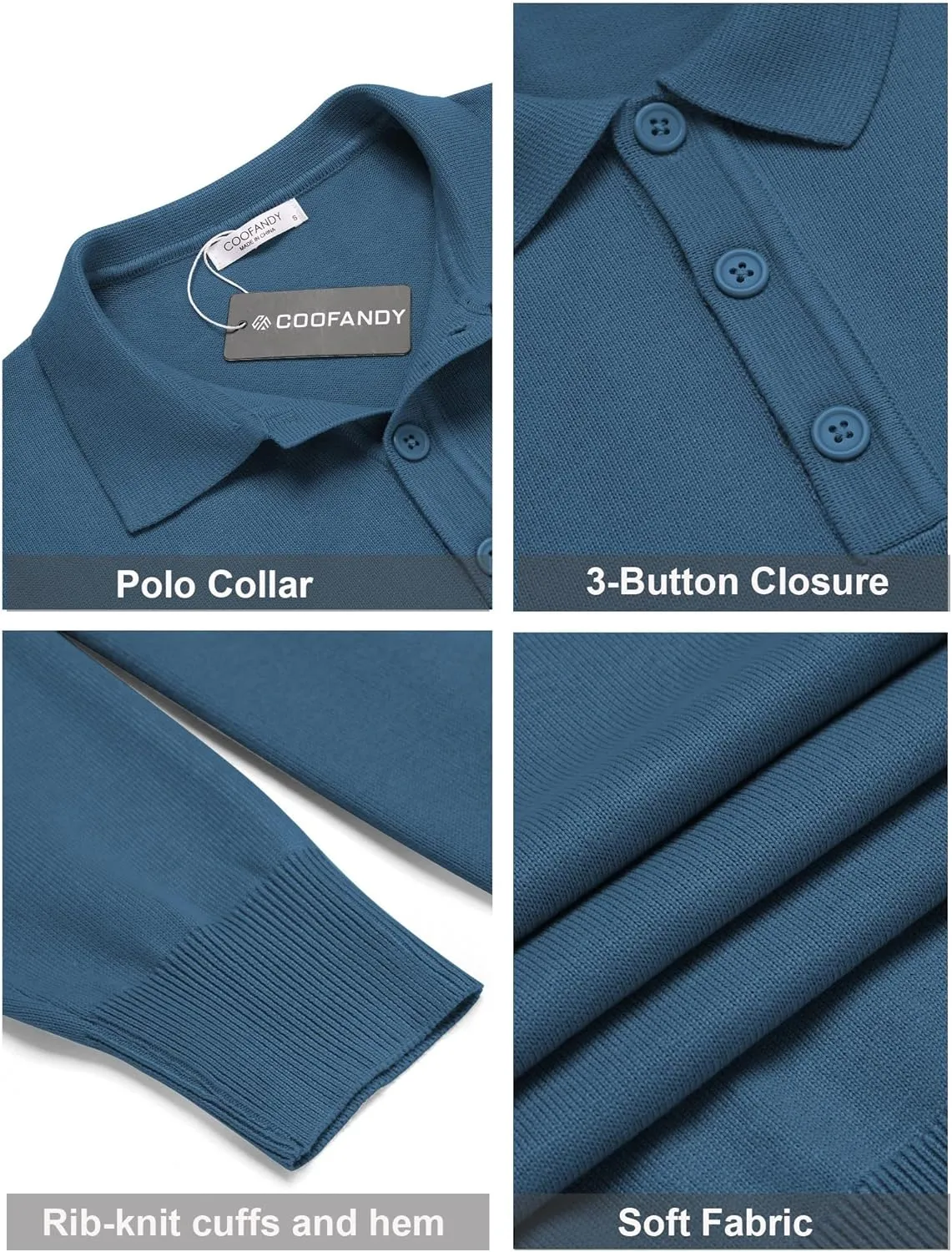 COOFANDY Mens Knit Polo Shirts Casual Long Sleeve Classic Polo Shirts Button Down Golf Shirts