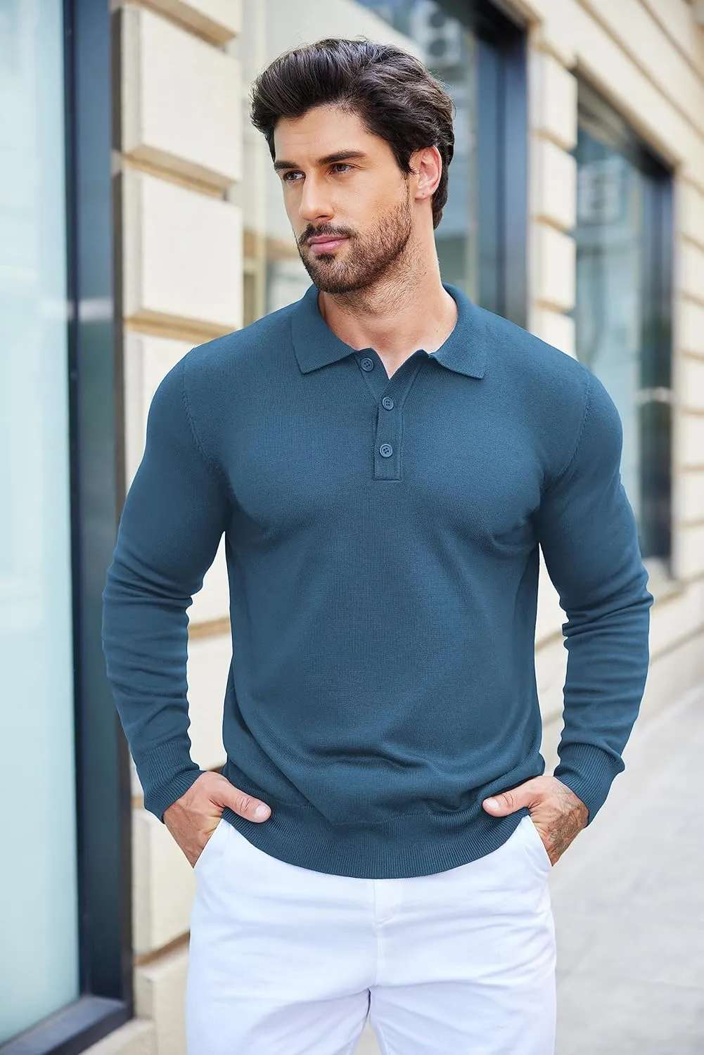 COOFANDY Mens Knit Polo Shirts Casual Long Sleeve Classic Polo Shirts Button Down Golf Shirts