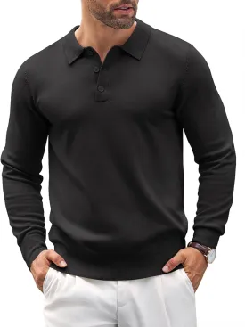 COOFANDY Mens Knit Polo Shirts Casual Long Sleeve Classic Polo Shirts Button Down Golf Shirts