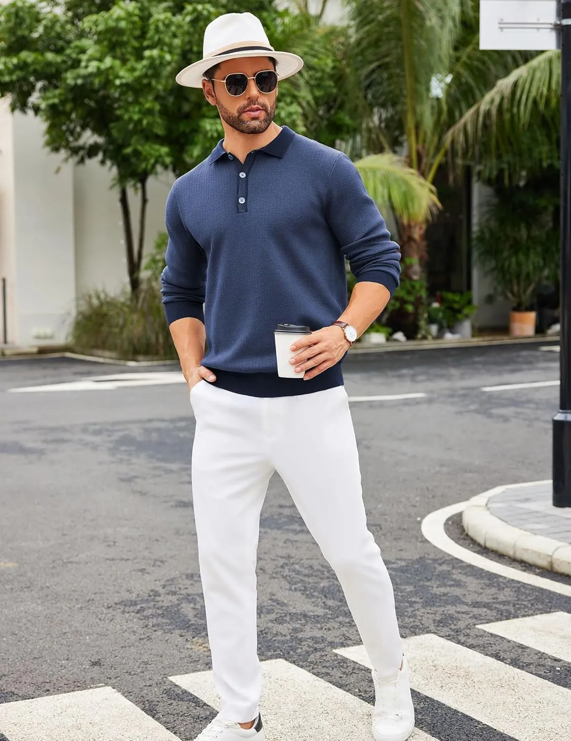 COOFANDY Mens Knit Polo Shirts Casual Long Sleeve Classic Polo Shirts Button Down Golf Shirts