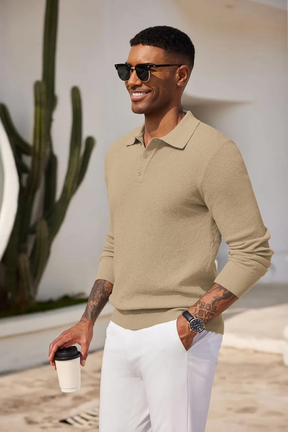 COOFANDY Mens Knit Polo Shirts Long Sleeve Casual Polo Sweaters Shirt Waffle Textured Collared Sweater