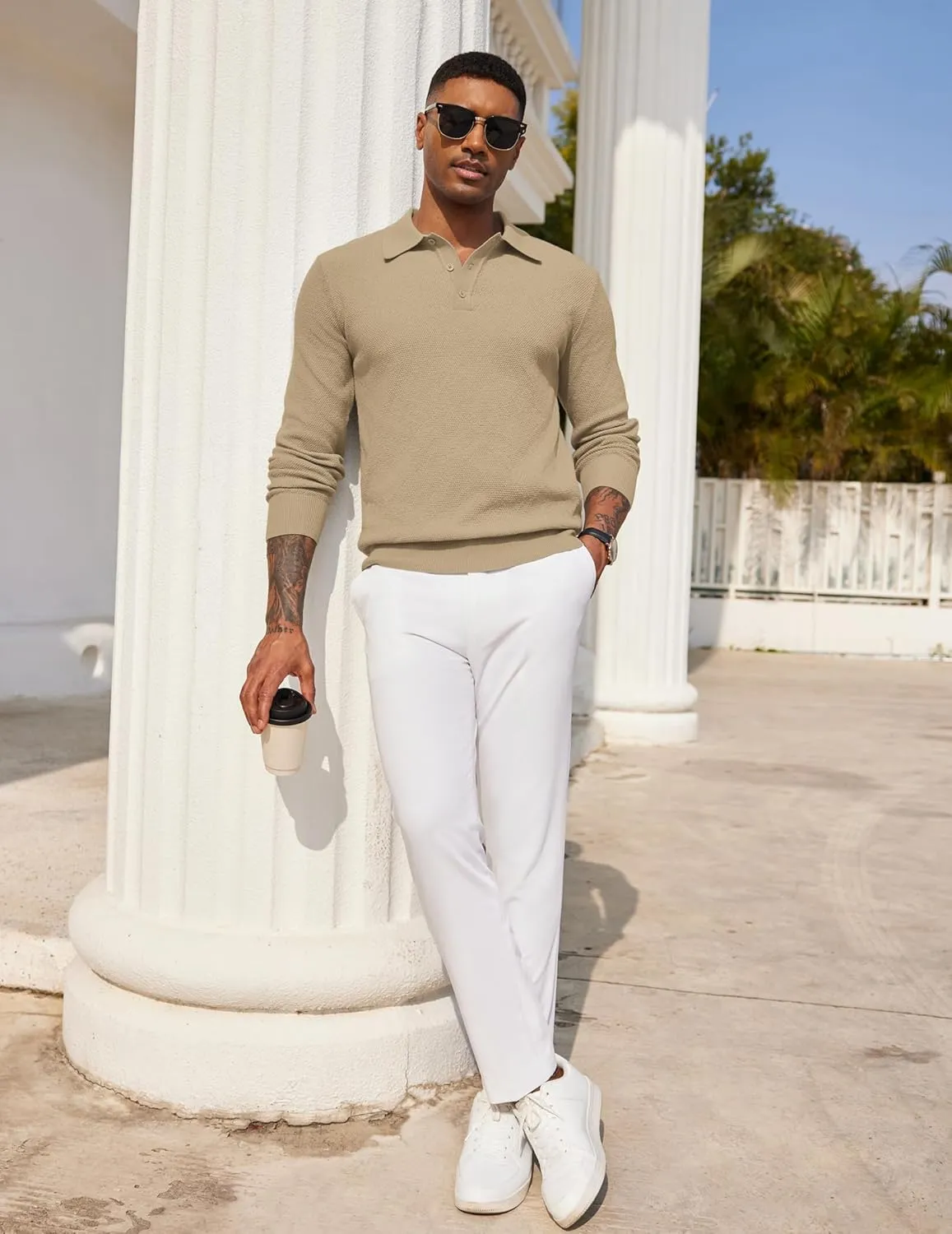 COOFANDY Mens Knit Polo Shirts Long Sleeve Casual Polo Sweaters Shirt Waffle Textured Collared Sweater