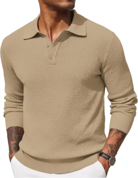 COOFANDY Mens Knit Polo Shirts Long Sleeve Casual Polo Sweaters Shirt Waffle Textured Collared Sweater
