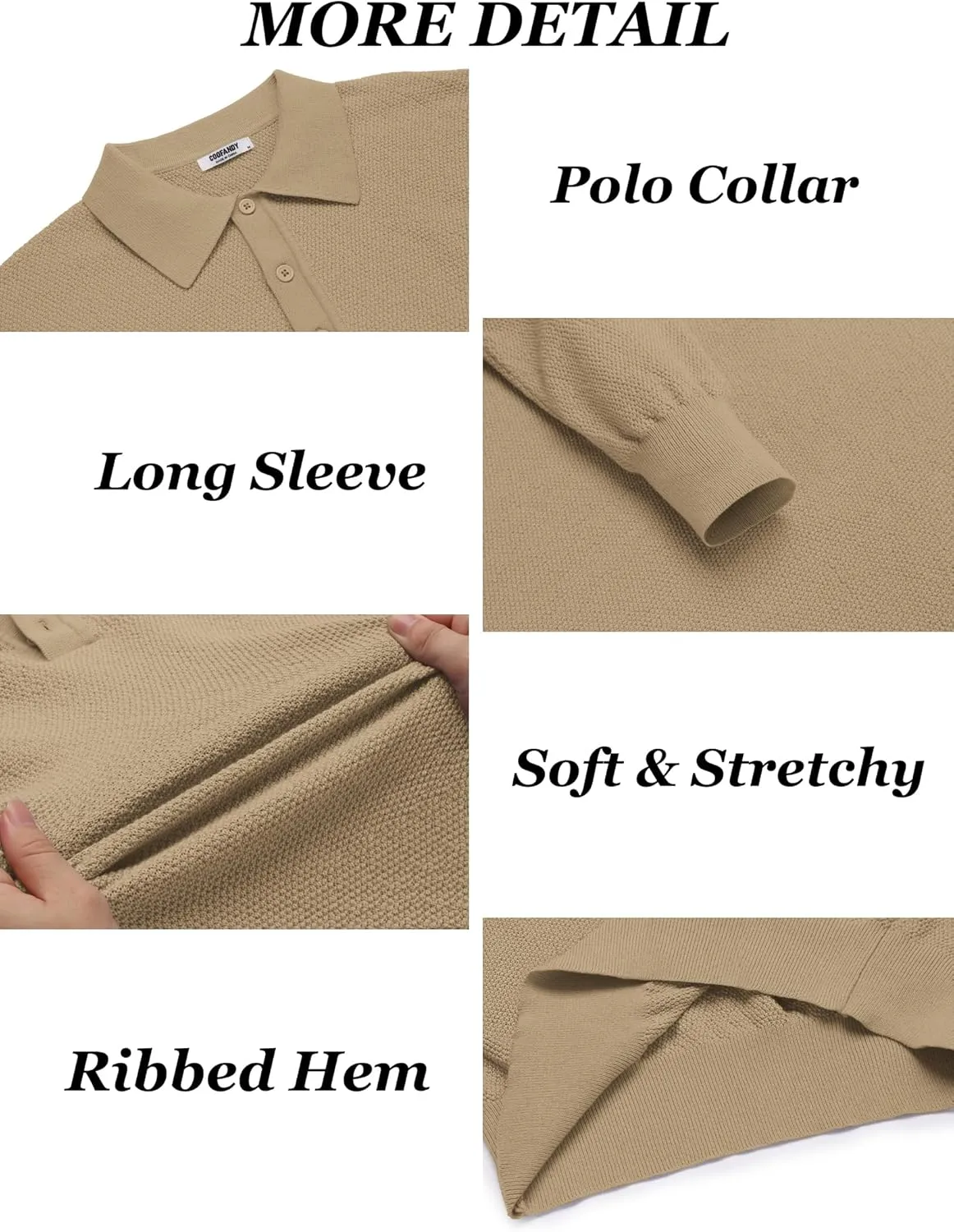 COOFANDY Mens Knit Polo Shirts Long Sleeve Casual Polo Sweaters Shirt Waffle Textured Collared Sweater