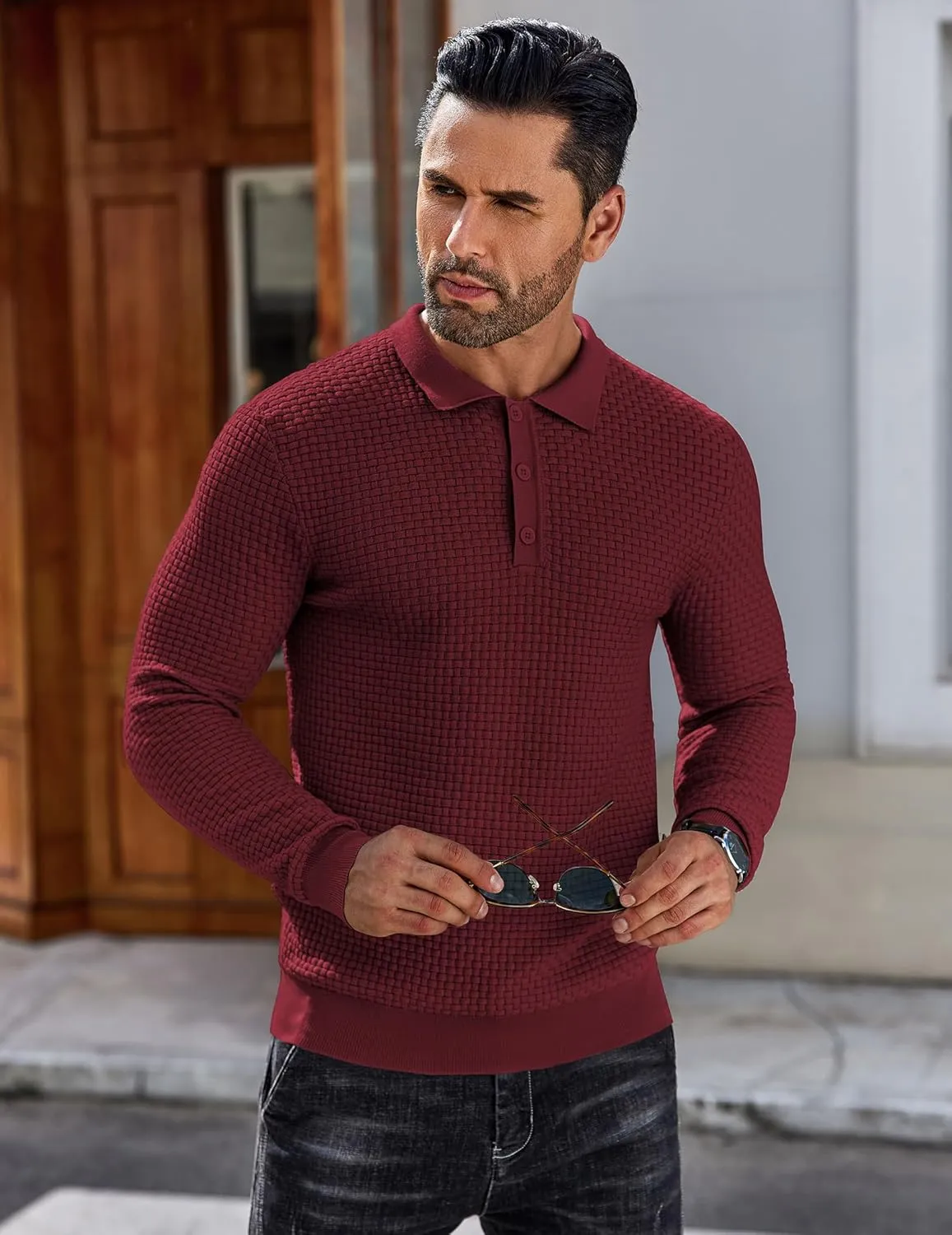 COOFANDY Men's Knit Polo Shirts Long Sleeve Sweater Polo Lightweight Fashion Casual Collared T Shirts