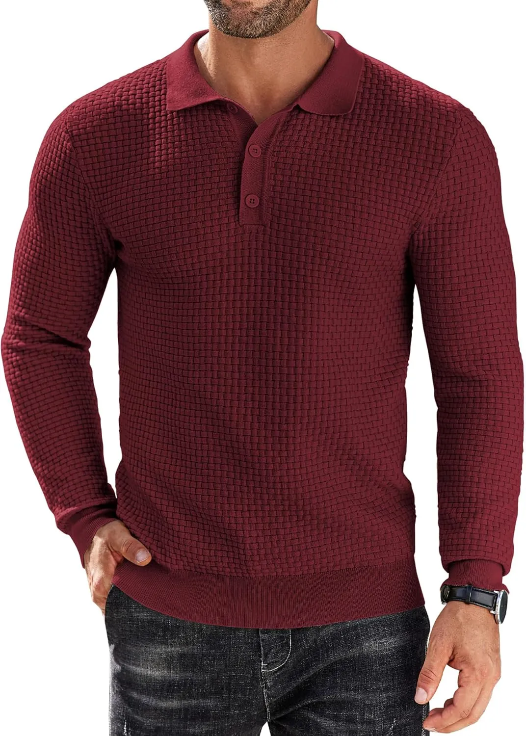 COOFANDY Men's Knit Polo Shirts Long Sleeve Sweater Polo Lightweight Fashion Casual Collared T Shirts