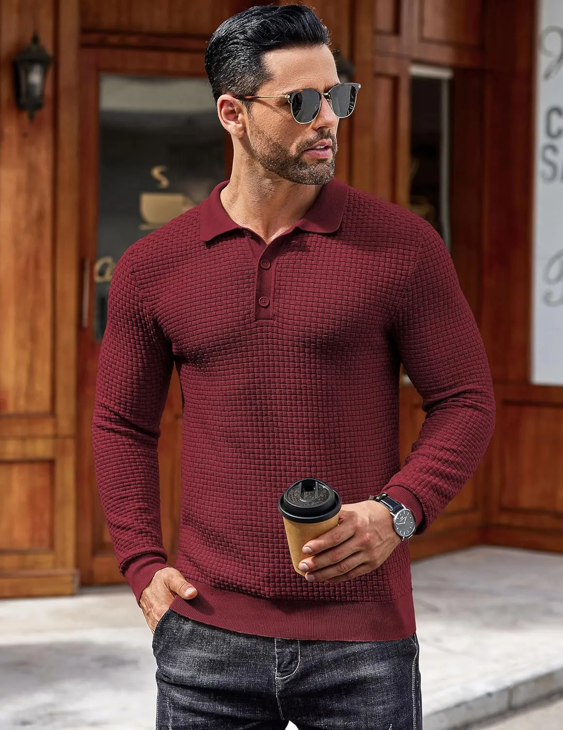 COOFANDY Men's Knit Polo Shirts Long Sleeve Sweater Polo Lightweight Fashion Casual Collared T Shirts