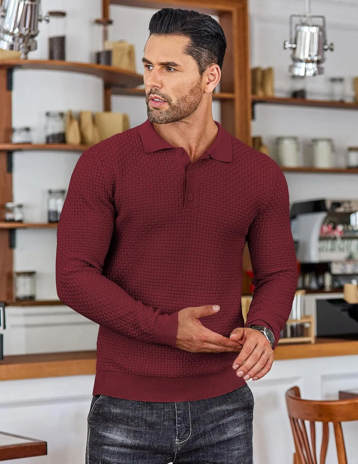 COOFANDY Men's Knit Polo Shirts Long Sleeve Sweater Polo Lightweight Fashion Casual Collared T Shirts