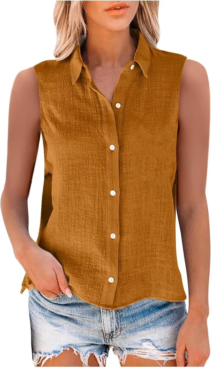 Cotton Linen Shirts for Women Sleeveless Collared Tops Oversized Button Up Blouses Work Shirts Casual Summer Tshirt