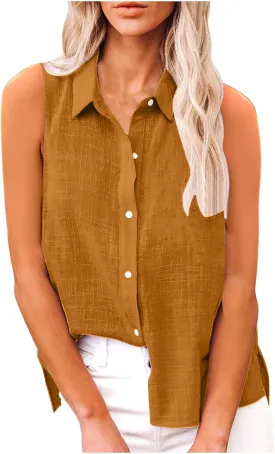 Cotton Linen Shirts for Women Sleeveless Collared Tops Oversized Button Up Blouses Work Shirts Casual Summer Tshirt