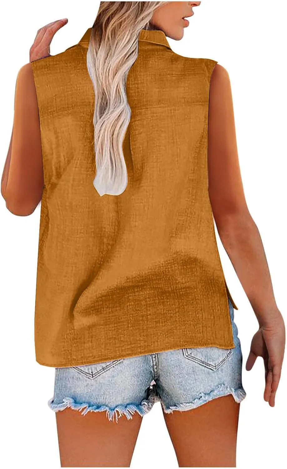 Cotton Linen Shirts for Women Sleeveless Collared Tops Oversized Button Up Blouses Work Shirts Casual Summer Tshirt