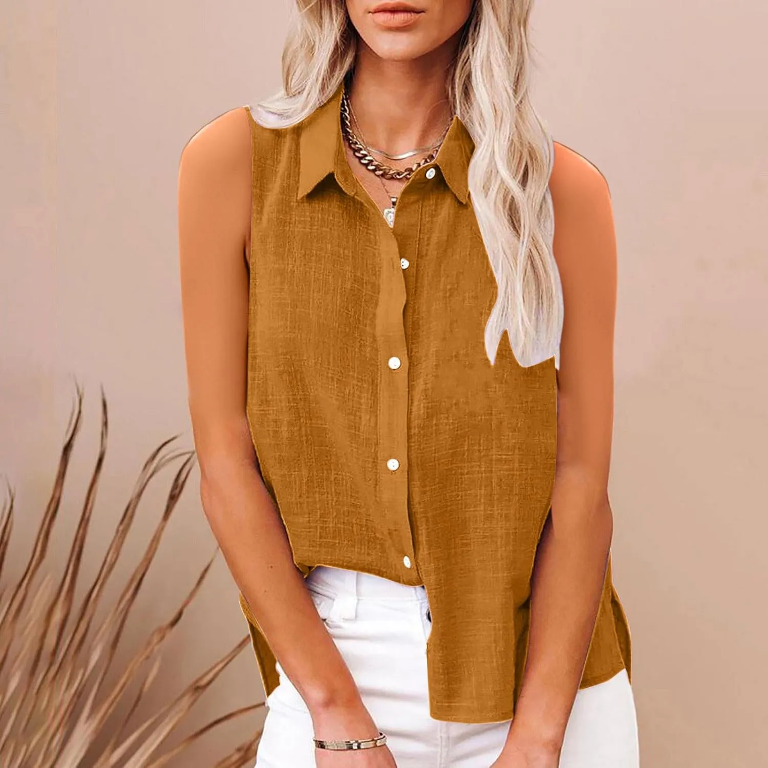 Cotton Linen Shirts for Women Sleeveless Collared Tops Oversized Button Up Blouses Work Shirts Casual Summer Tshirt