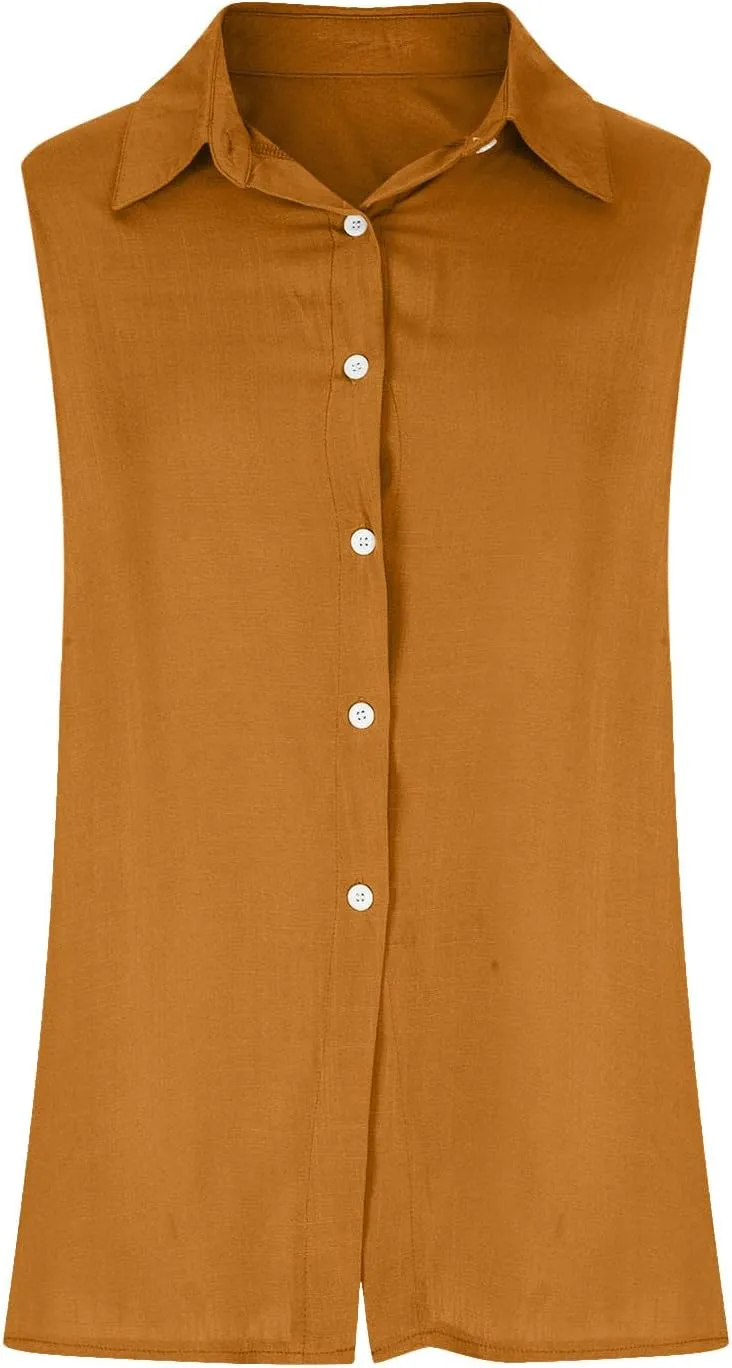 Cotton Linen Shirts for Women Sleeveless Collared Tops Oversized Button Up Blouses Work Shirts Casual Summer Tshirt