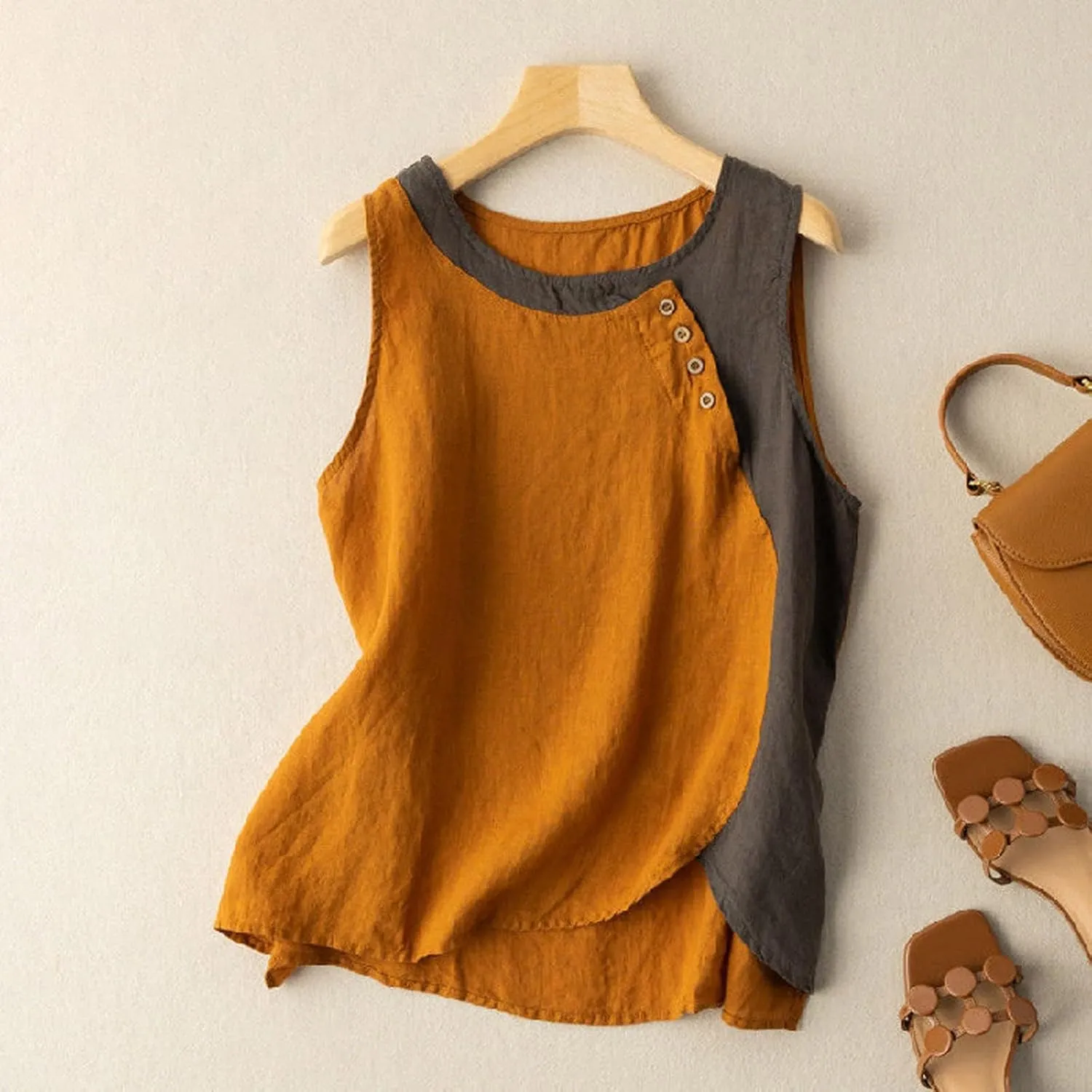 Cotton Linen Tank Tops for Women Loose Fit Sleeveless Button Tee Shirts Summer Casual Flowy Blouses Tunic Tops