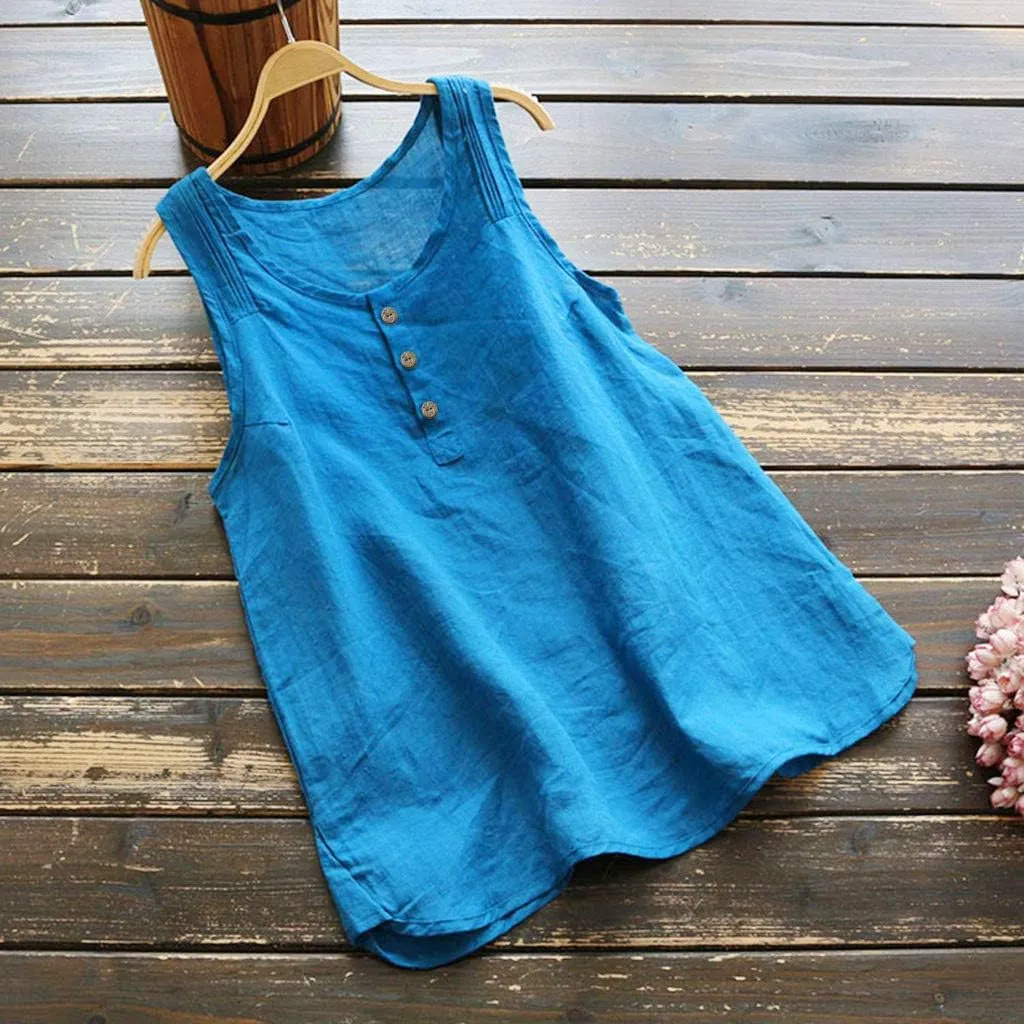 Cotton Linen Tank Tops for Women Loose Fit Sleeveless Button Tee Shirts Summer Casual Flowy Blouses Tunic Tops