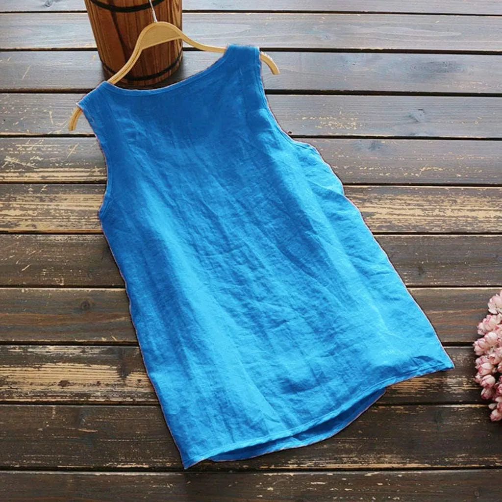 Cotton Linen Tank Tops for Women Loose Fit Sleeveless Button Tee Shirts Summer Casual Flowy Blouses Tunic Tops