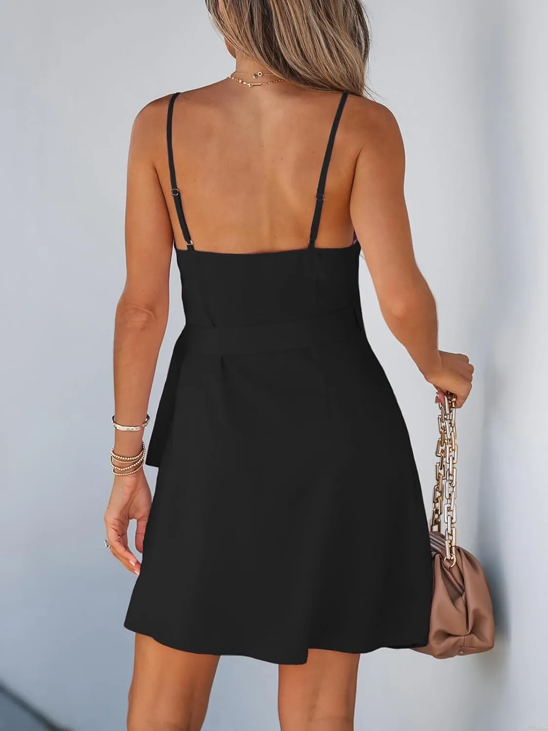 CUPSHE Women Backless Mini Summer Dress Surplice V Neck Wrap Side Waist Tie Spaghetti Strap Casual Holiday Beach Dresses