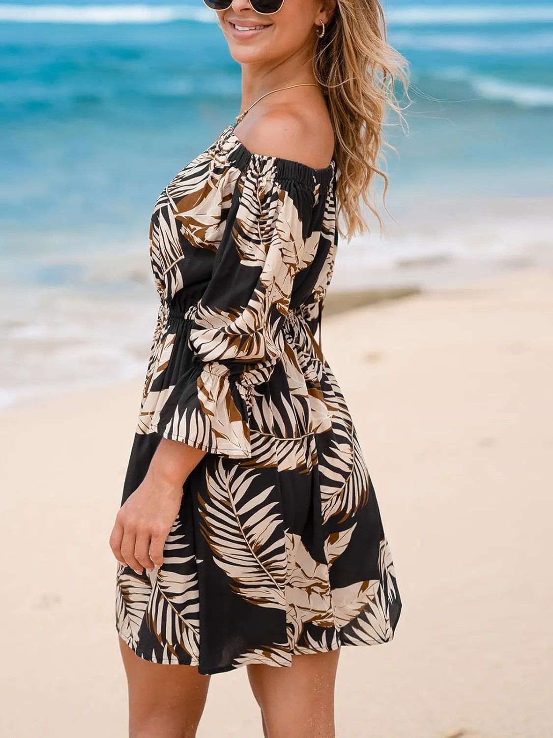 CUPSHE Women's Summer Boho Dress Off Shoulder Tropical Print Flounce Half Sleeve Ruffle A Line Mini Dresses