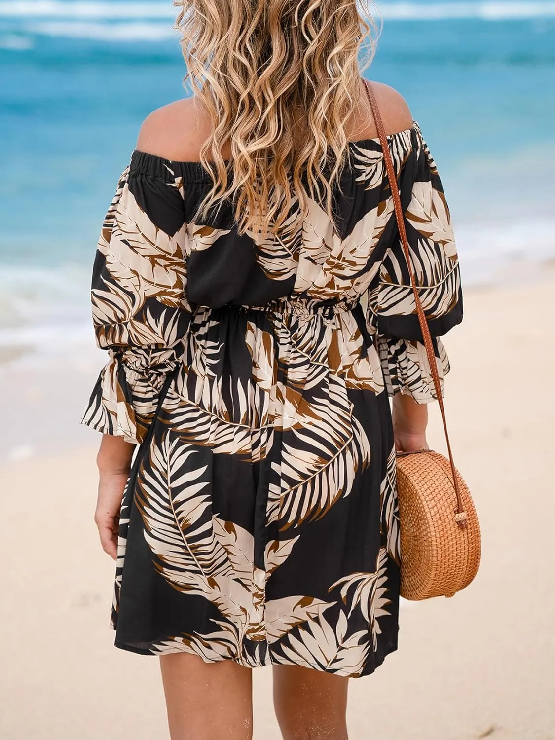 CUPSHE Women's Summer Boho Dress Off Shoulder Tropical Print Flounce Half Sleeve Ruffle A Line Mini Dresses