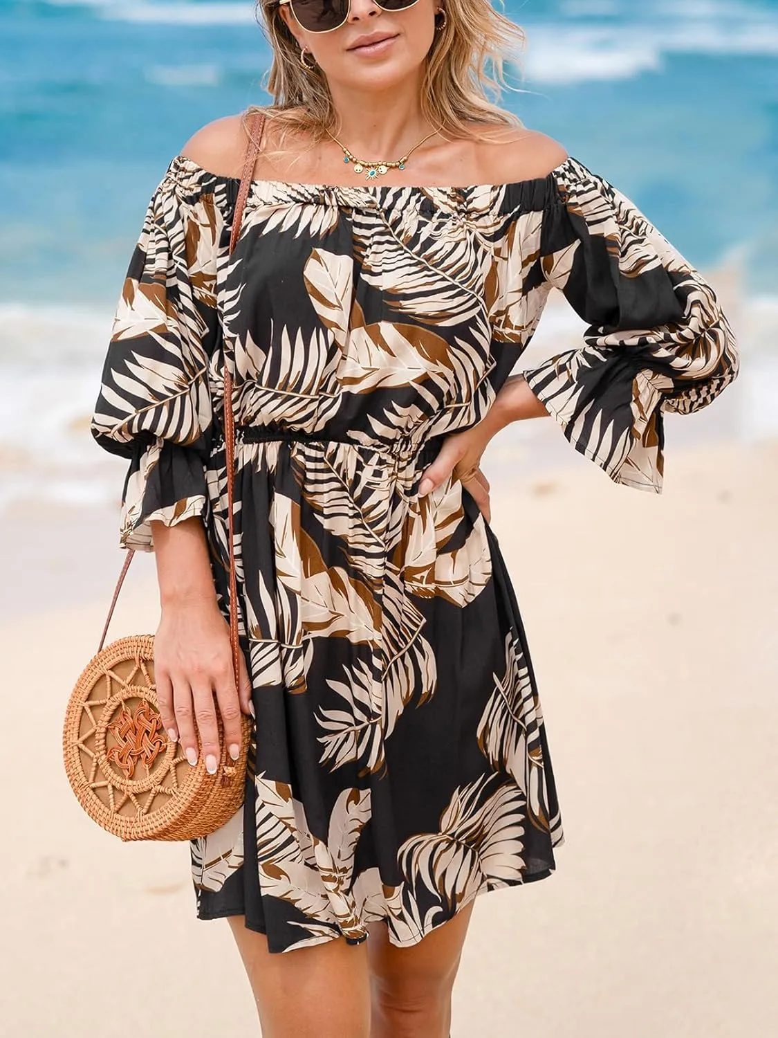 CUPSHE Women's Summer Boho Dress Off Shoulder Tropical Print Flounce Half Sleeve Ruffle A Line Mini Dresses