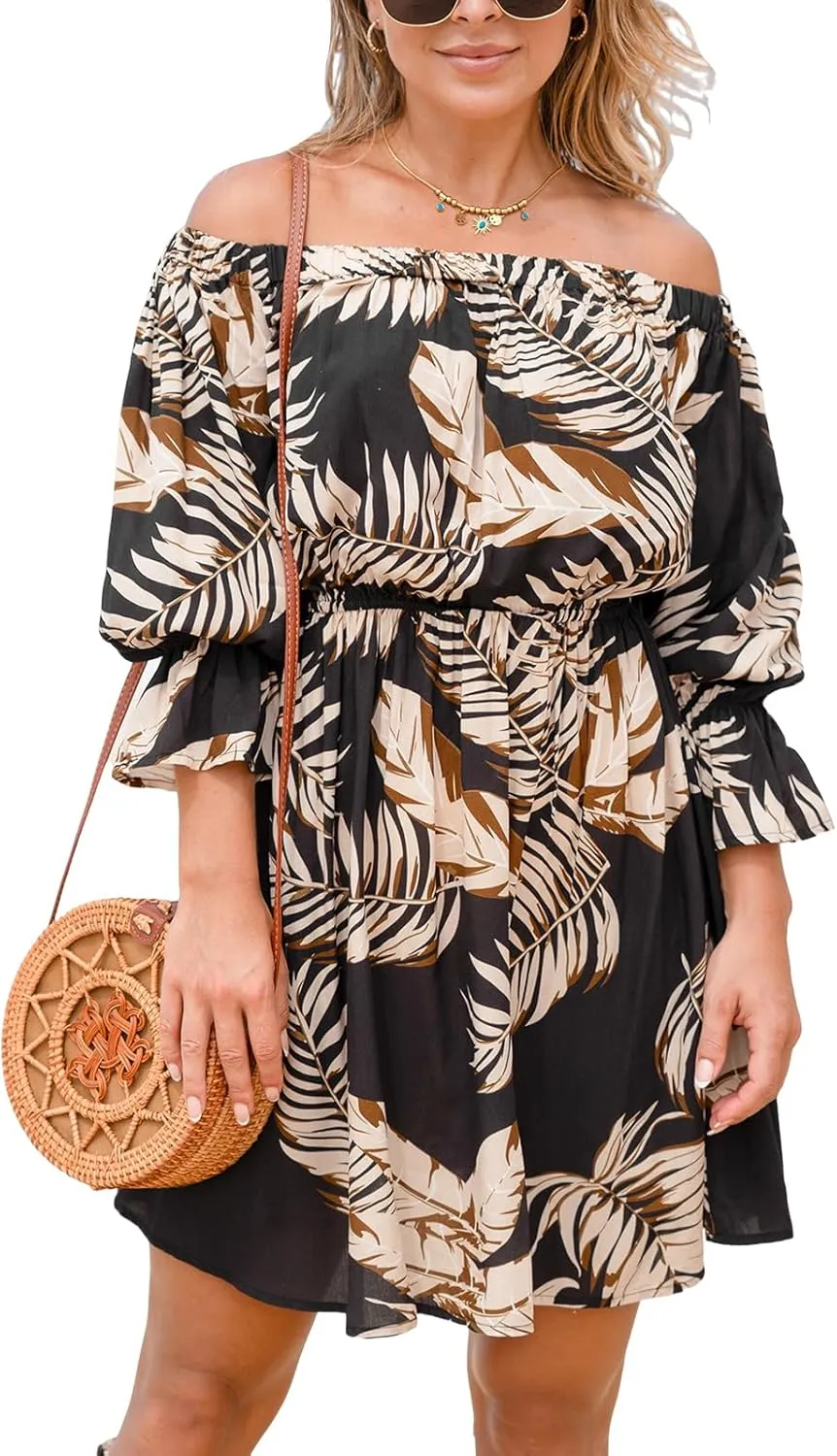 CUPSHE Women's Summer Boho Dress Off Shoulder Tropical Print Flounce Half Sleeve Ruffle A Line Mini Dresses