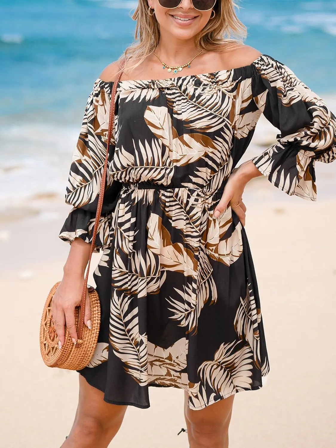 CUPSHE Women's Summer Boho Dress Off Shoulder Tropical Print Flounce Half Sleeve Ruffle A Line Mini Dresses