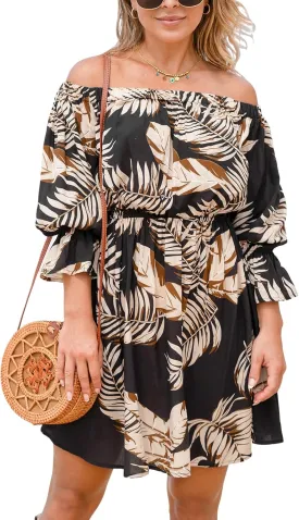 CUPSHE Women's Summer Boho Dress Off Shoulder Tropical Print Flounce Half Sleeve Ruffle A Line Mini Dresses