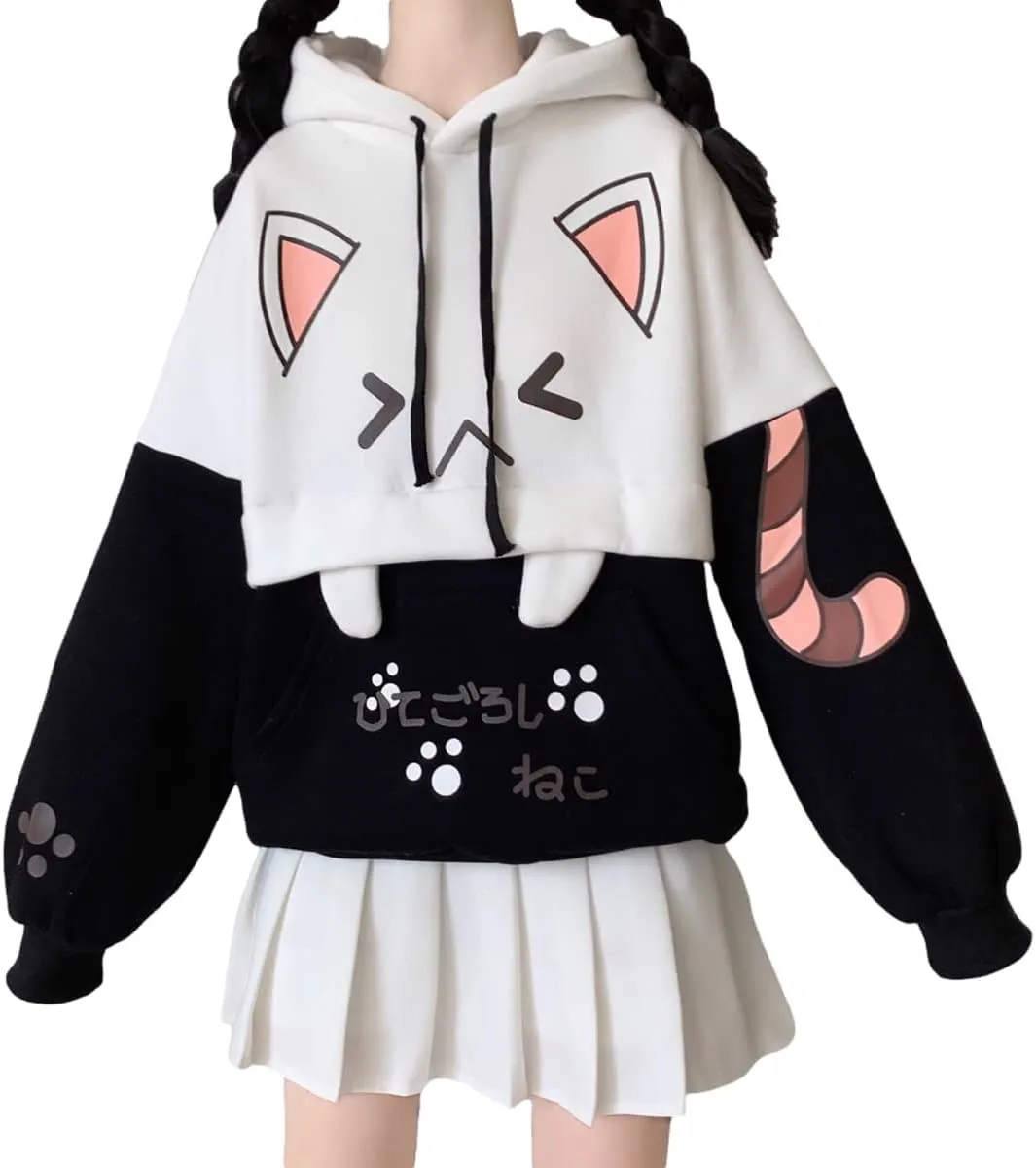 Cute Cat Graphic Hoodies Pullover Teens Japanese Kawaii Anime Print Hooded Sweatshirt Fashion Tops