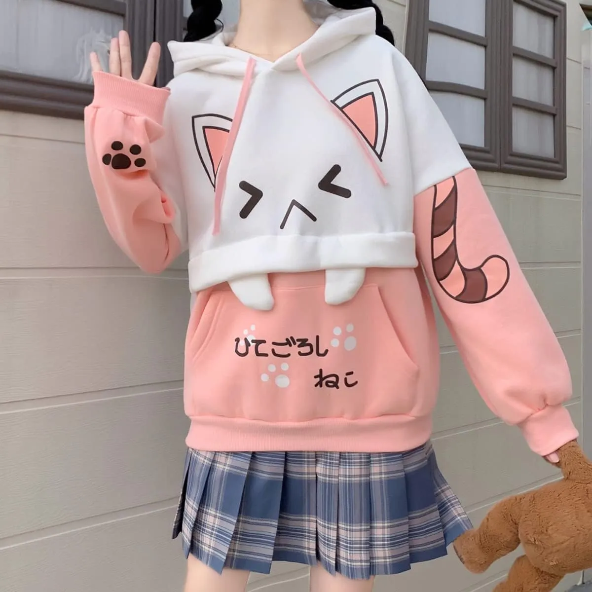 Cute Cat Graphic Hoodies Pullover Teens Japanese Kawaii Anime Print Hooded Sweatshirt Fashion Tops