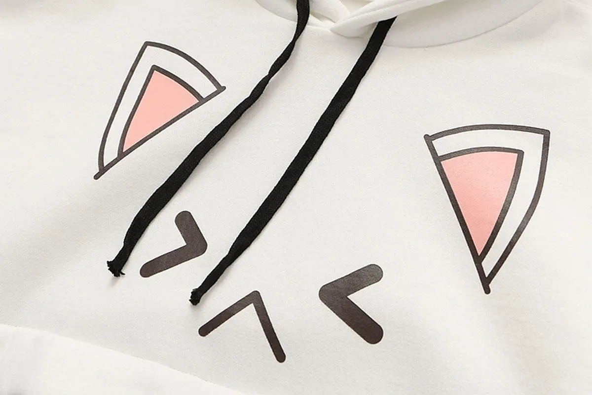 Cute Cat Graphic Hoodies Pullover Teens Japanese Kawaii Anime Print Hooded Sweatshirt Fashion Tops