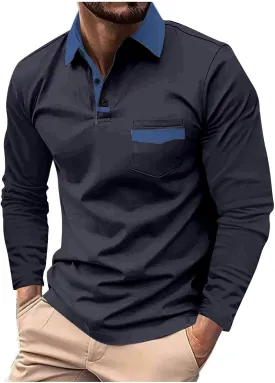 DEEX Men's Polo Shirts Long Sleeve Casual Fashion Polo Tee Shirts Color Block Slim Fit Golf Polo Shirt with Pocket