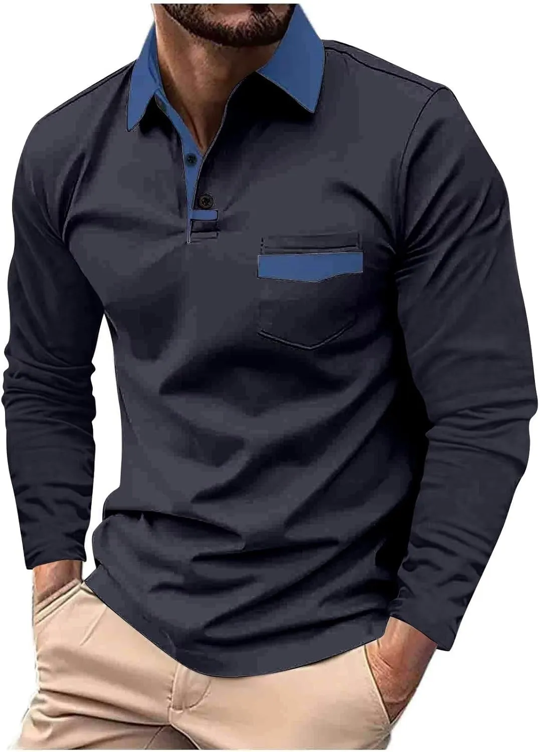 DEEX Men's Polo Shirts Long Sleeve Casual Fashion Polo Tee Shirts Color Block Slim Fit Golf Polo Shirt with Pocket