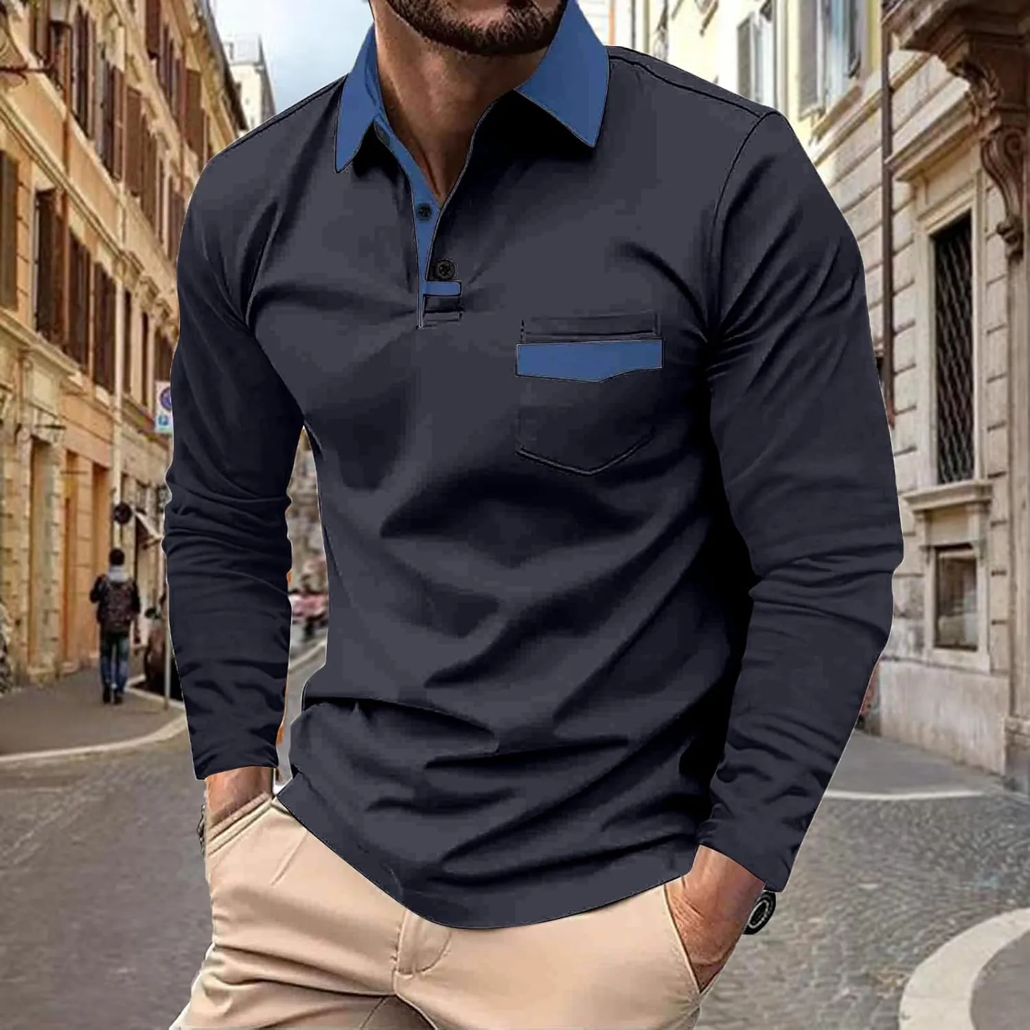 DEEX Men's Polo Shirts Long Sleeve Casual Fashion Polo Tee Shirts Color Block Slim Fit Golf Polo Shirt with Pocket