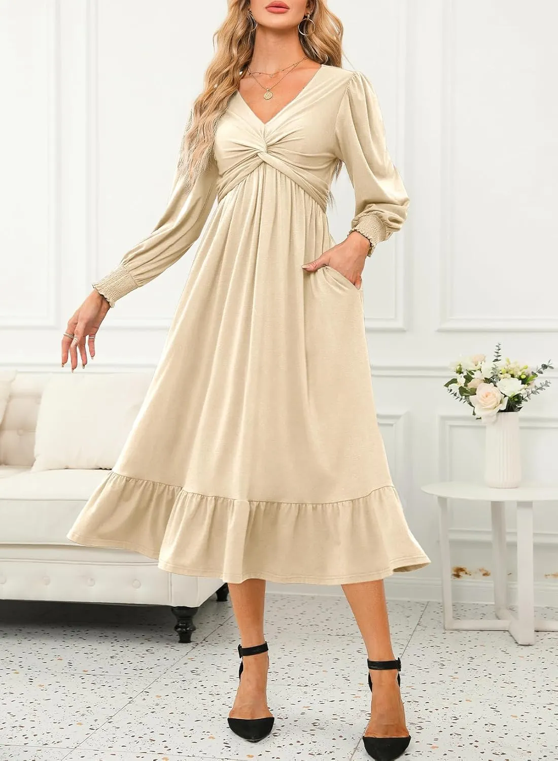 Dokotoo Womens 2024 Wrap V-Neck Twist Knot Long Sleeve Empire Waist Midi Maxi Dress A-Line Ruched Flowy Dress with Pockets