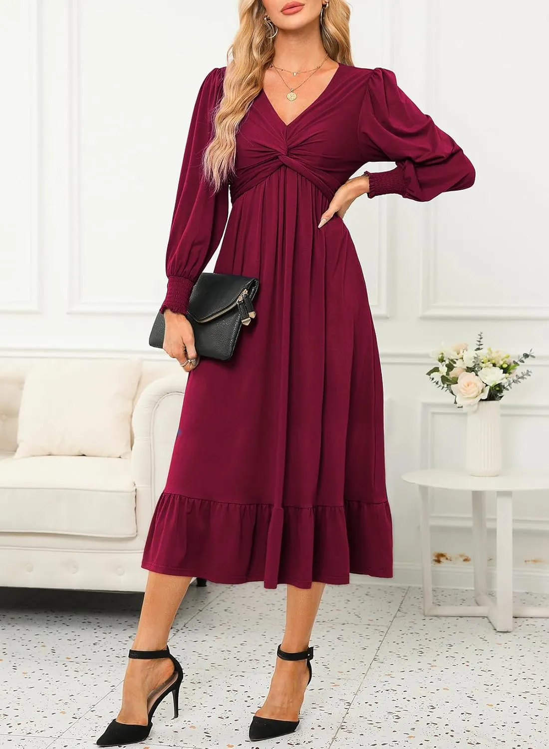 Dokotoo Womens 2024 Wrap V-Neck Twist Knot Long Sleeve Empire Waist Midi Maxi Dress A-Line Ruched Flowy Dress with Pockets