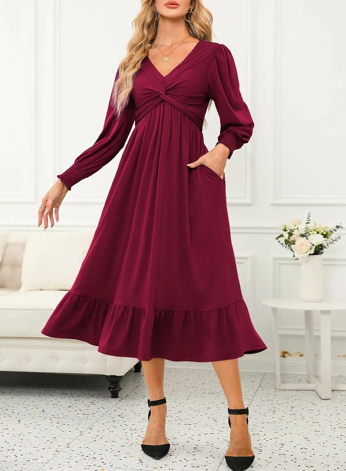 Dokotoo Womens 2024 Wrap V-Neck Twist Knot Long Sleeve Empire Waist Midi Maxi Dress A-Line Ruched Flowy Dress with Pockets