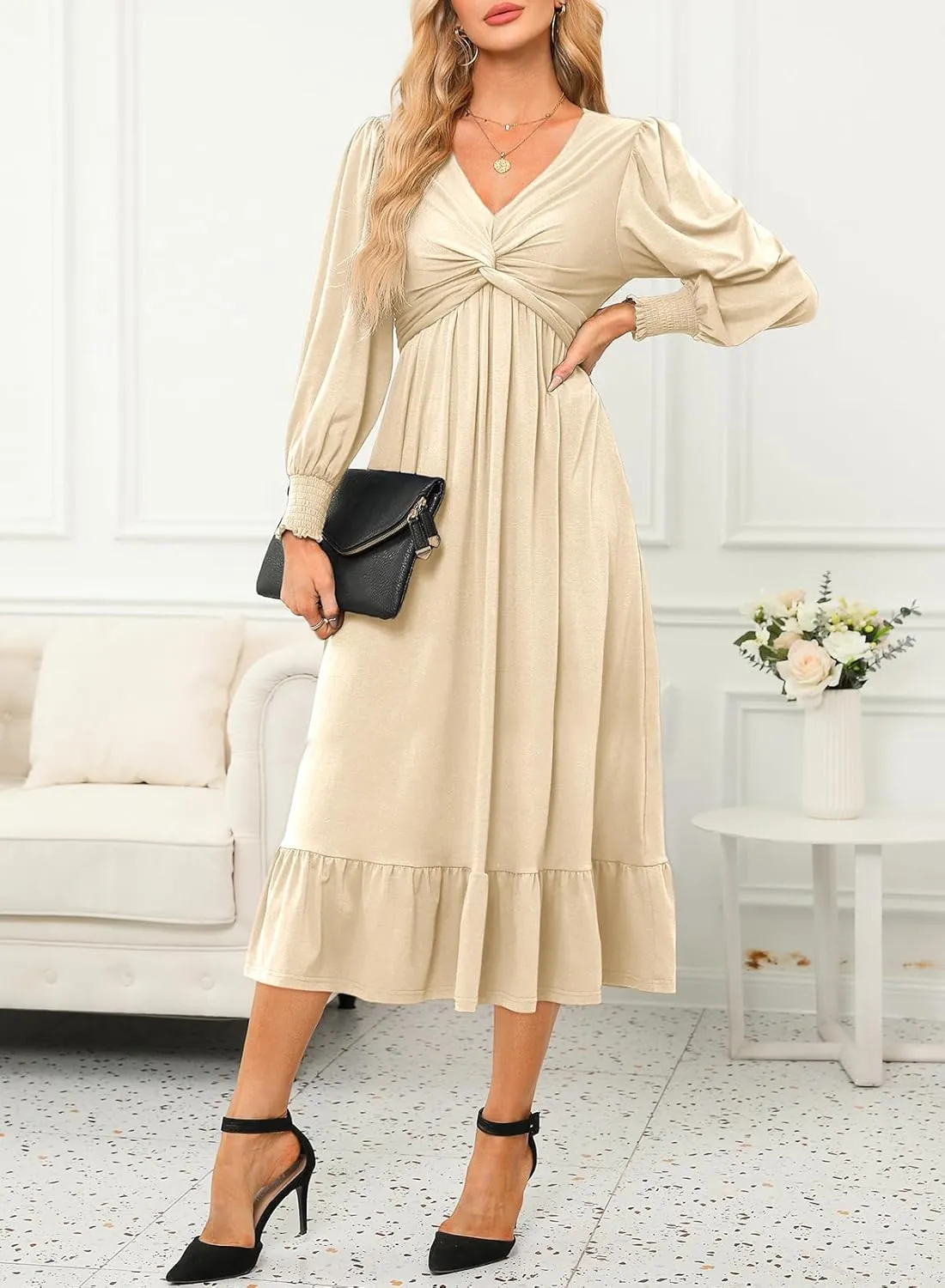 Dokotoo Womens 2024 Wrap V-Neck Twist Knot Long Sleeve Empire Waist Midi Maxi Dress A-Line Ruched Flowy Dress with Pockets
