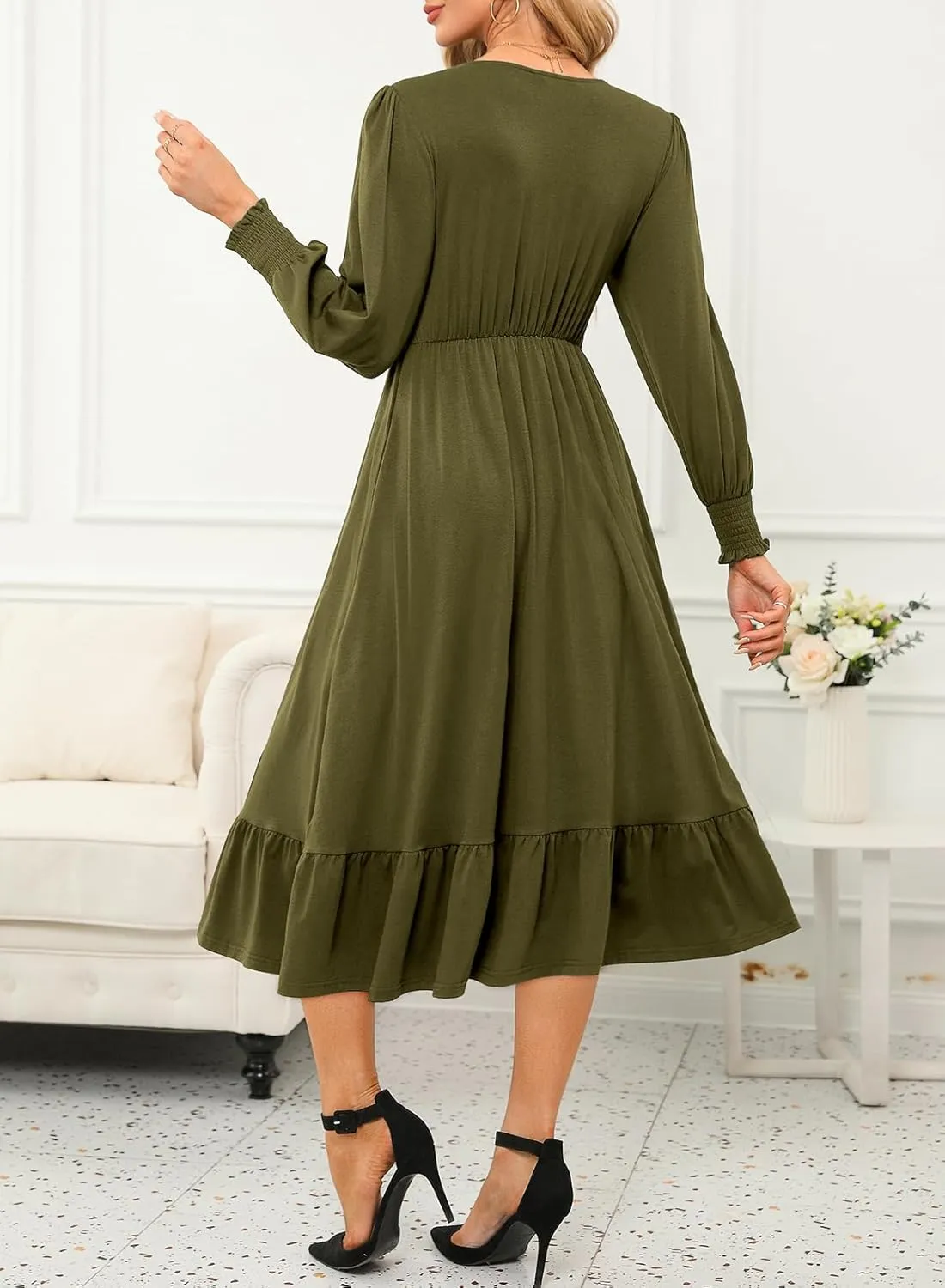 Dokotoo Womens 2024 Wrap V-Neck Twist Knot Long Sleeve Empire Waist Midi Maxi Dress A-Line Ruched Flowy Dress with Pockets