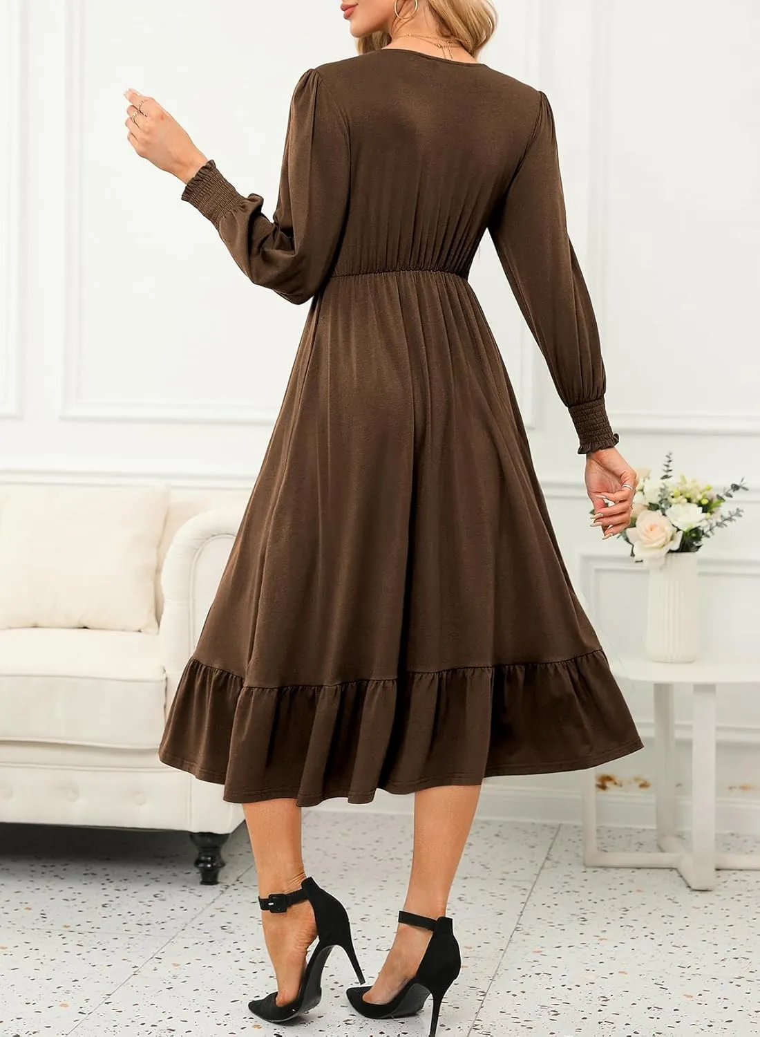 Dokotoo Womens 2024 Wrap V-Neck Twist Knot Long Sleeve Empire Waist Midi Maxi Dress A-Line Ruched Flowy Dress with Pockets