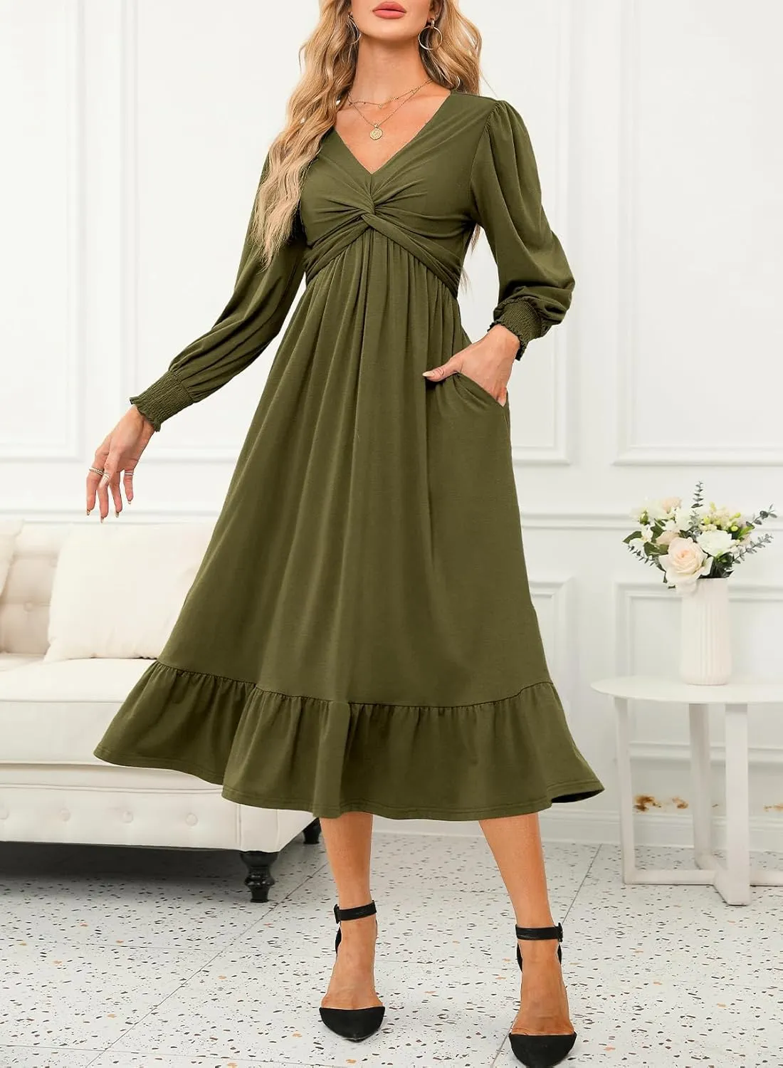 Dokotoo Womens 2024 Wrap V-Neck Twist Knot Long Sleeve Empire Waist Midi Maxi Dress A-Line Ruched Flowy Dress with Pockets