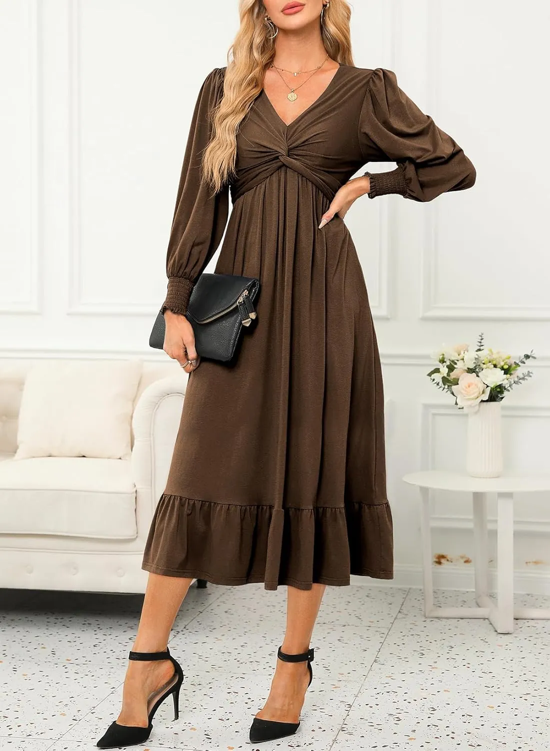 Dokotoo Womens 2024 Wrap V-Neck Twist Knot Long Sleeve Empire Waist Midi Maxi Dress A-Line Ruched Flowy Dress with Pockets