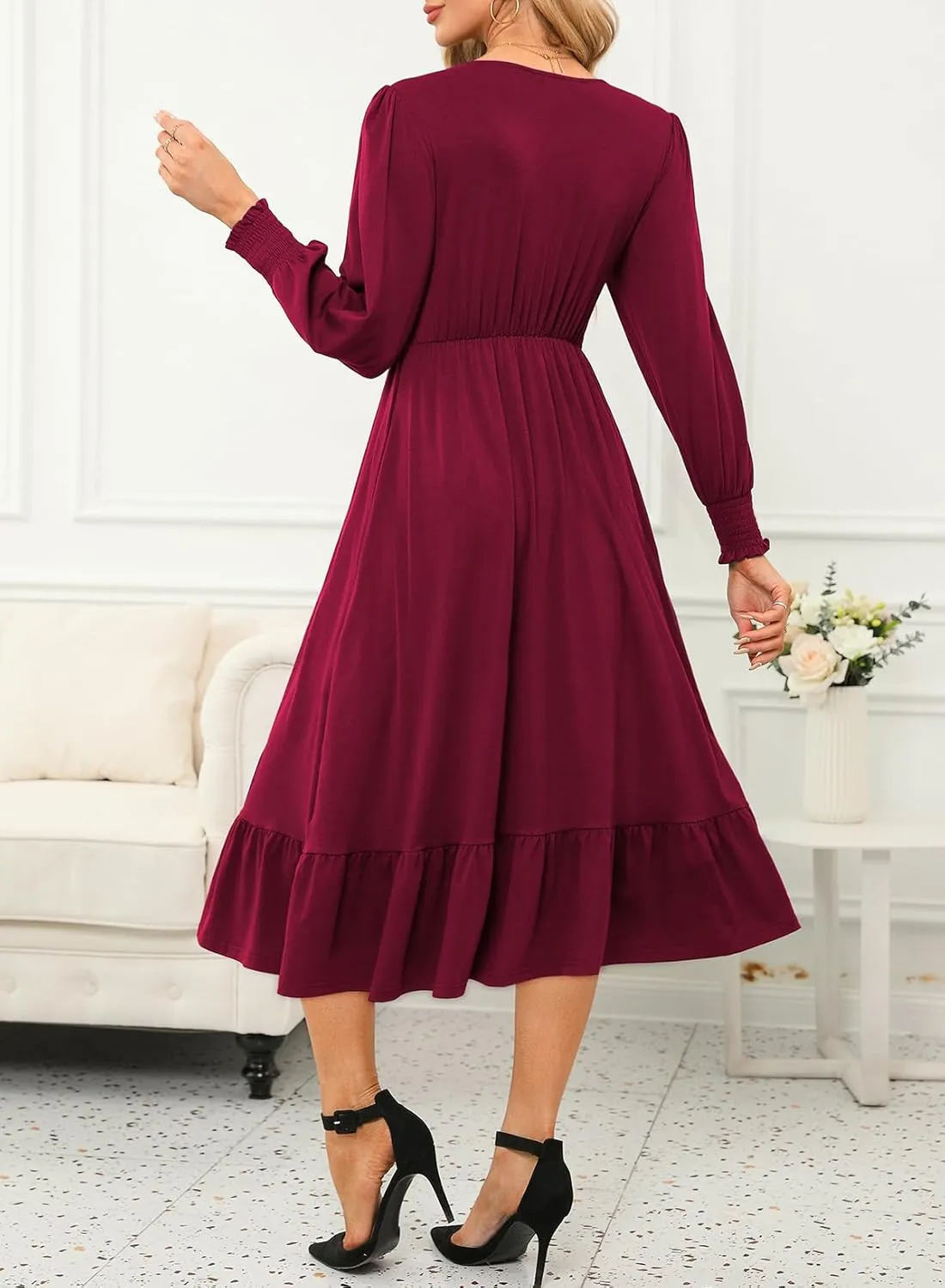 Dokotoo Womens 2024 Wrap V-Neck Twist Knot Long Sleeve Empire Waist Midi Maxi Dress A-Line Ruched Flowy Dress with Pockets