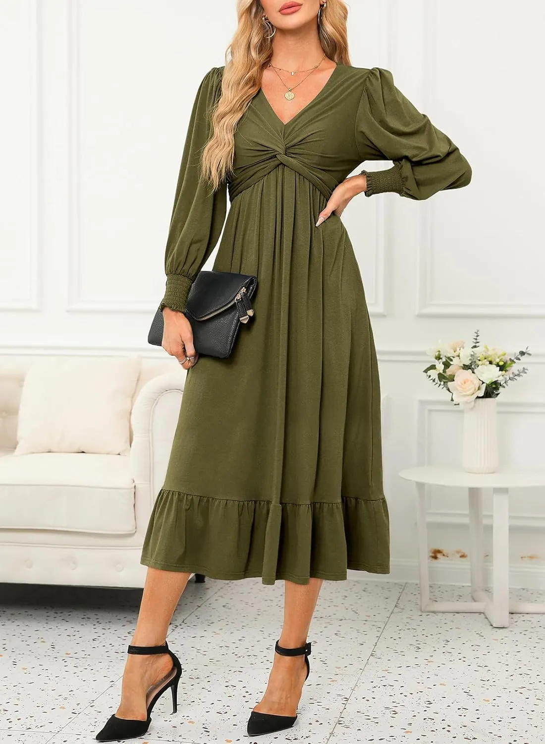 Dokotoo Womens 2024 Wrap V-Neck Twist Knot Long Sleeve Empire Waist Midi Maxi Dress A-Line Ruched Flowy Dress with Pockets