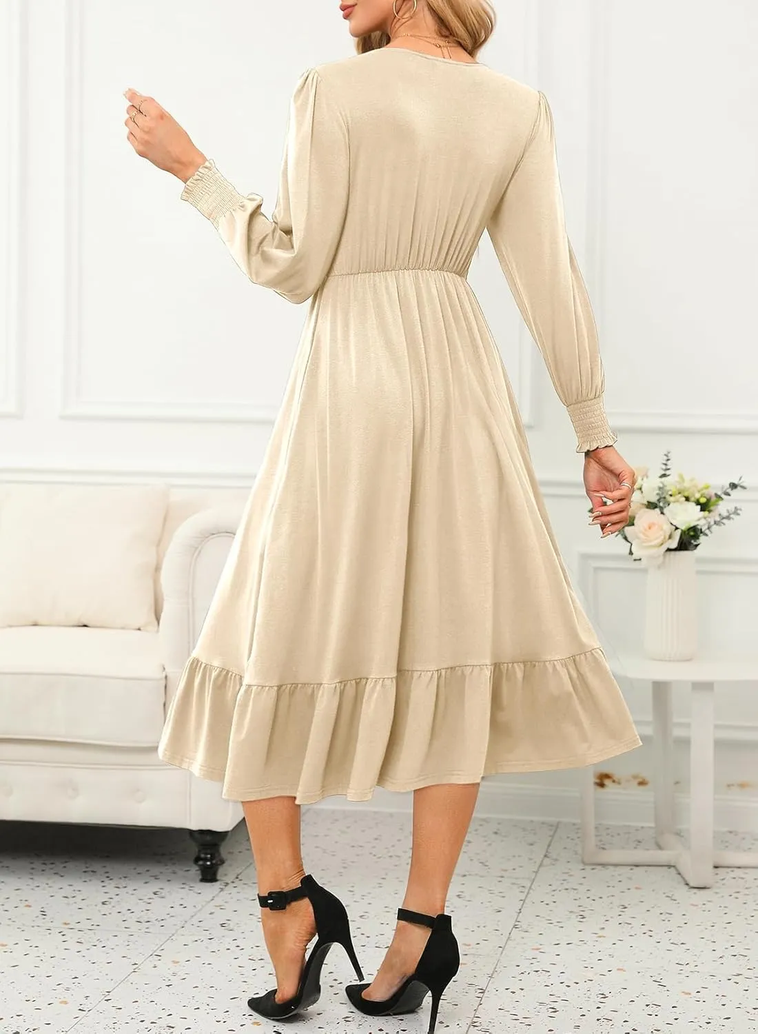 Dokotoo Womens 2024 Wrap V-Neck Twist Knot Long Sleeve Empire Waist Midi Maxi Dress A-Line Ruched Flowy Dress with Pockets