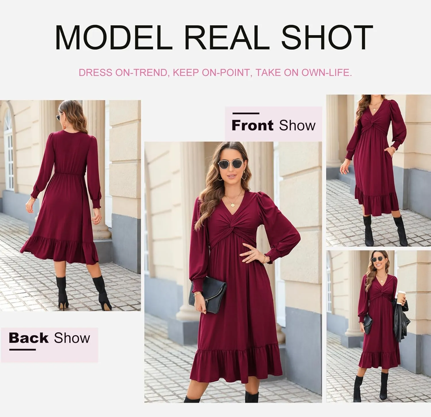 Dokotoo Womens 2024 Wrap V-Neck Twist Knot Long Sleeve Empire Waist Midi Maxi Dress A-Line Ruched Flowy Dress with Pockets