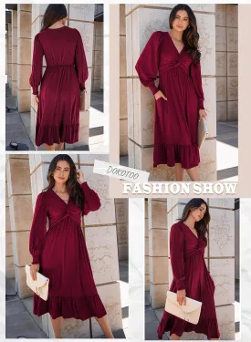 Dokotoo Womens 2024 Wrap V-Neck Twist Knot Long Sleeve Empire Waist Midi Maxi Dress A-Line Ruched Flowy Dress with Pockets