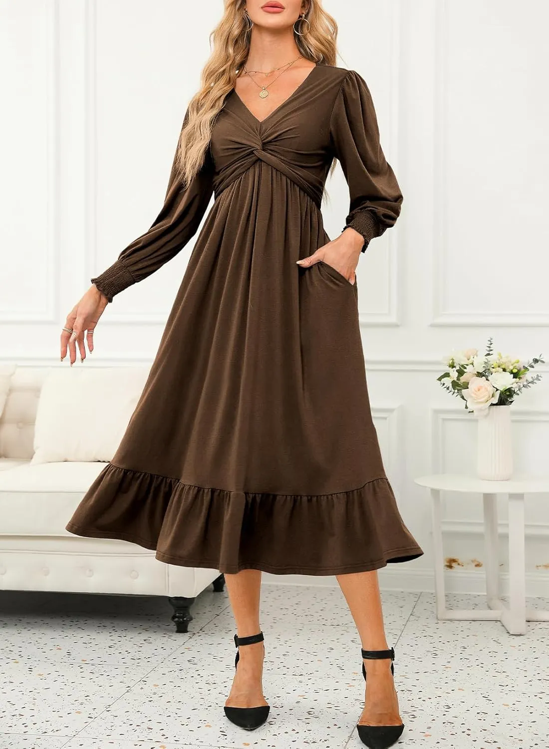 Dokotoo Womens 2024 Wrap V-Neck Twist Knot Long Sleeve Empire Waist Midi Maxi Dress A-Line Ruched Flowy Dress with Pockets