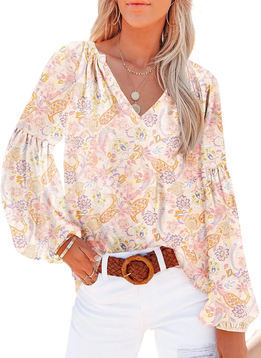 Dokotoo Women's Casual Boho Floral Print V Neck Long Sleeve T Shirt Blouses