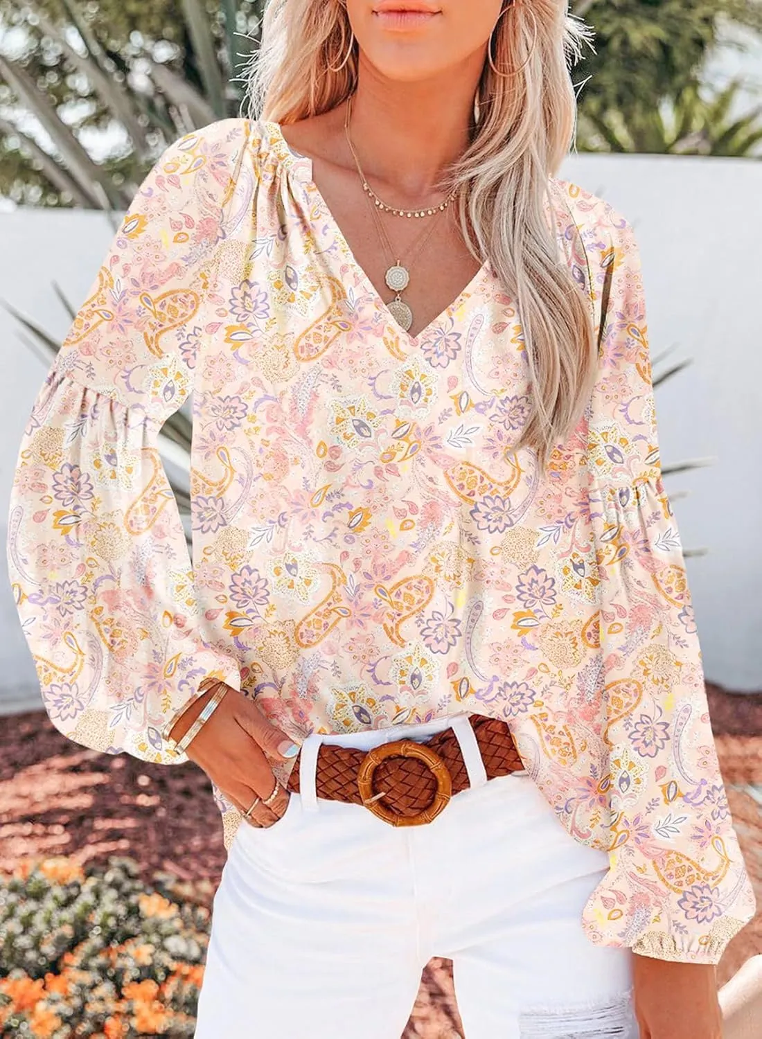 Dokotoo Women's Casual Boho Floral Print V Neck Long Sleeve T Shirt Blouses